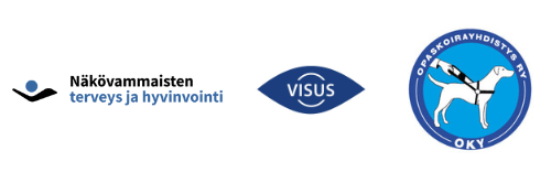 Näkövammaisten terveys ja hyvinvointi ry:n, Visus-hankkeen ja Opaskoirayhdistyksen logot.